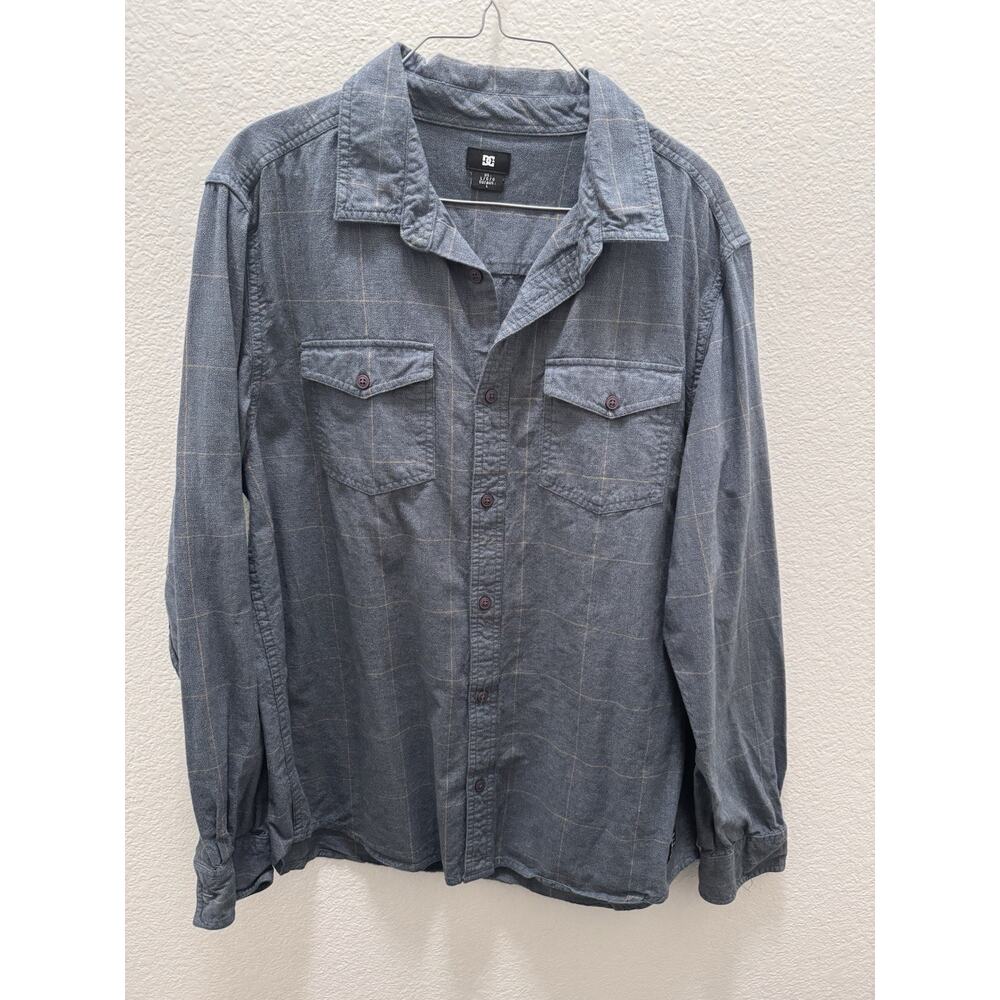 DC Men's L Regular Fit Gray Plaid Cotton Woven Button-Up Long Sleeve Shirt